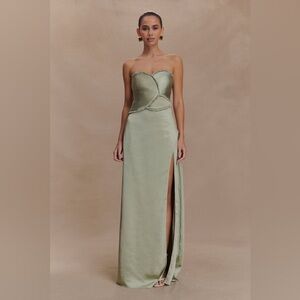 NEW Meshki Sage Green Ruched Petals Larissa Strapless Satin Maxi Dress